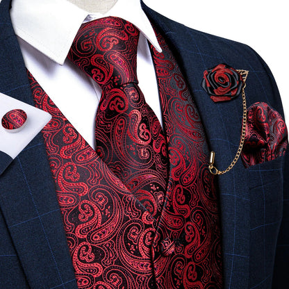 Classic Black Wedding Vest for Men Suit Vest Tie Ring Cufflinks Hanky Set for Party Formal Dress Business Casual Waistcoat