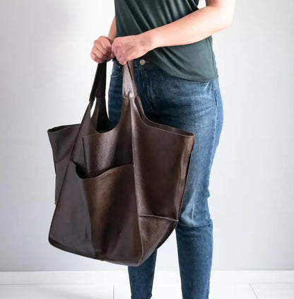 Casual Soft Large Capacity Tote Women Handbags Designer Aged Metal Look Luxury Pu Leather Shoulder Bag Retro Big Shopper Purses