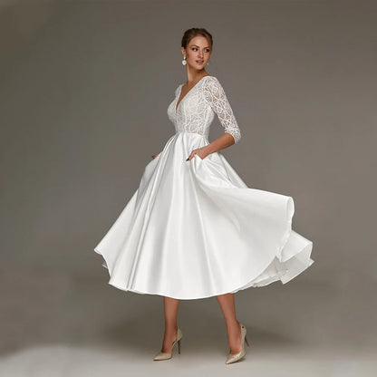 Tea Length Satin Wedding Dress A Line 3/4 Sleeve Lace Simple White Civil Short Bridal Gown Custom Plus Size Robe De Marirage