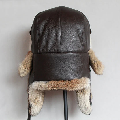 Winter Fur Bomber Hat Men Women Leather Russian Hat Snow Trapper Cap Warflap Ushanka