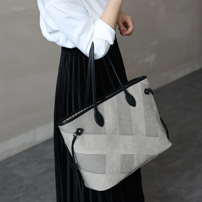 Women's Fashion Shoulder Bag Luxury Designer Handbag Large Capacity Canvas With Genuine Leather Tote For Shopping,Commuting,Work