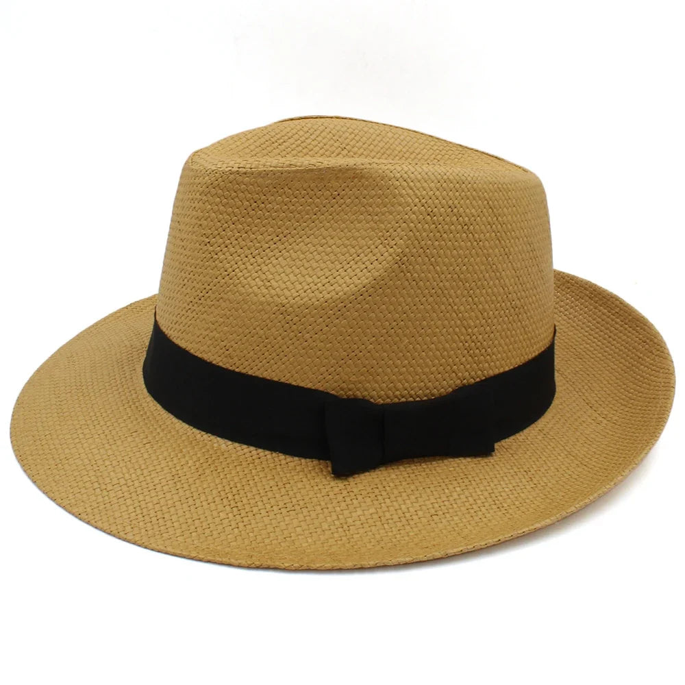 Men Women Straw Panama Hats Summer Fedora Sunhats Bowtie Band Party Trilby Caps Outdoor Sombrero Travel Size US 7 1/4 UK L
