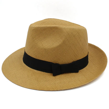 Men Women Straw Panama Hats Summer Fedora Sunhats Bowtie Band Party Trilby Caps Outdoor Sombrero Travel Size US 7 1/4 UK L