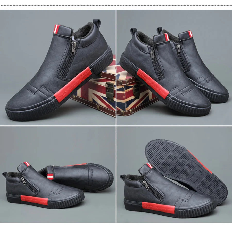 New Winter Men's Boots Soft Leather Plush Warm Snow Boots Waterproof Outdoor Footwear Men Work Boots Men Motorcycle Boots