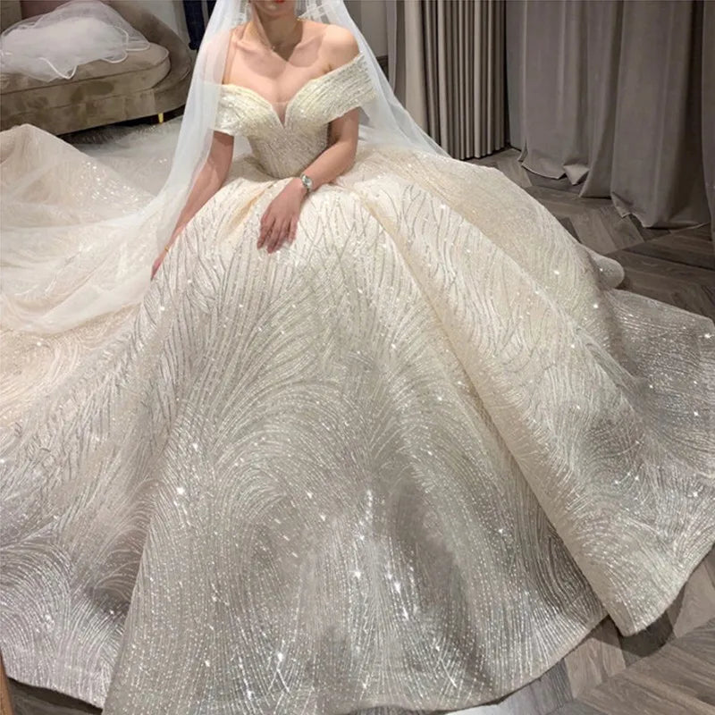Cheap Wedding Dress Shiny Wedding Dress Classic Boat Neck Bridal Party Gown Vestido De Noiva Robe De Mariee Customized