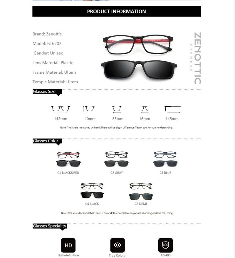 High-quality 2 in 1 Rectangle Glasses With Polarized Clip，Magnetic Clip On Sunglasses for Men