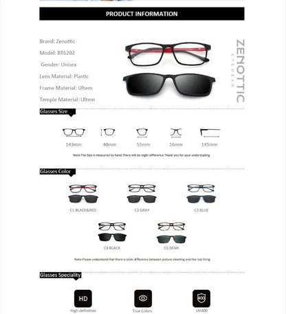 High-quality 2 in 1 Rectangle Glasses With Polarized Clip，Magnetic Clip On Sunglasses for Men
