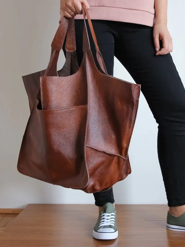 Casual Soft Large Capacity Tote Women Handbags Designer Aged Metal Look Luxury Pu Leather Shoulder Bag Retro Big Shopper Purses