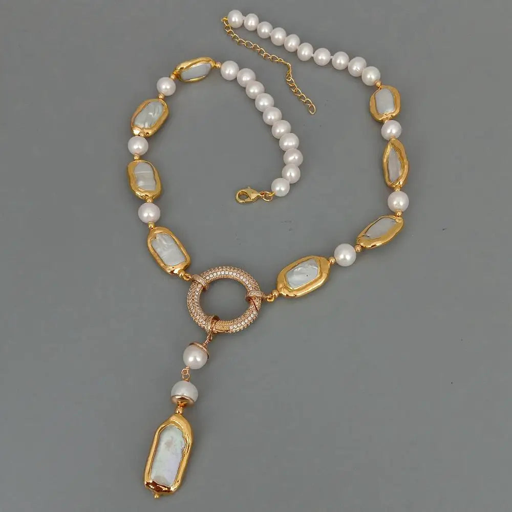 Natural 8-9mm Round Rectangle Cultured White Biwa Pearl Round Freshwater Pearl Y-Drop Necklace 18.5'