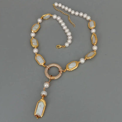 Natural 8-9mm Round Rectangle Cultured White Biwa Pearl Round Freshwater Pearl Y-Drop Necklace 18.5'