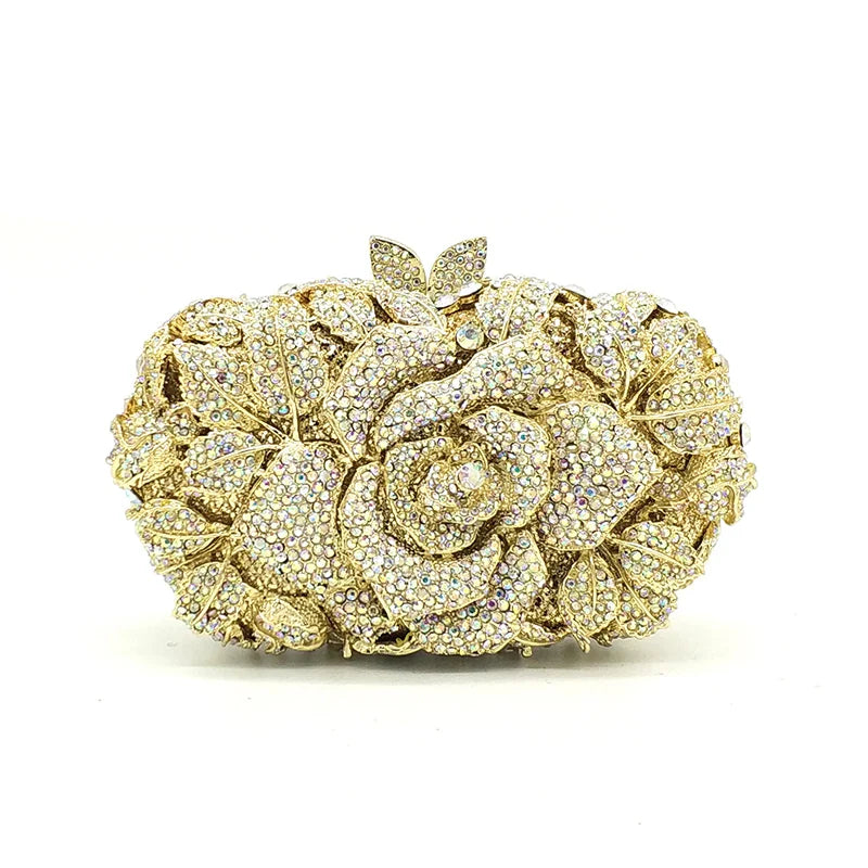 Green Pink Multicolored Rose Crystal Women Evening Clutches Bags Diamond Wedding Cocktail Party Purse And Stone Handbag