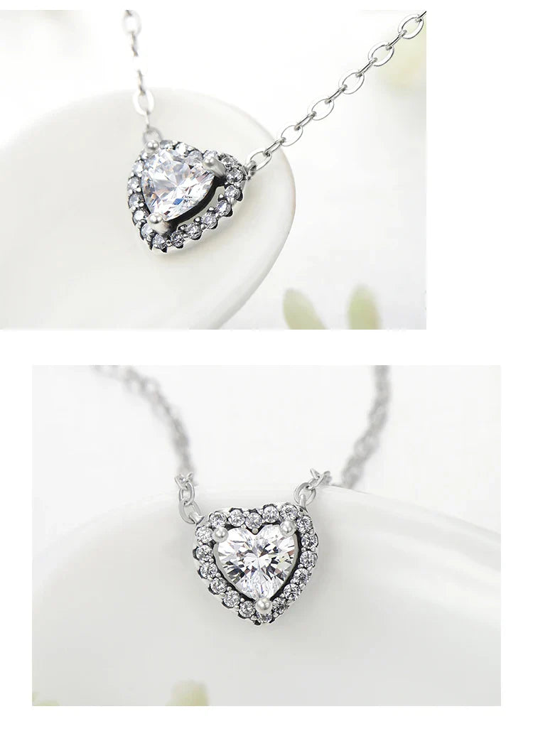 Real 925 Sterling Silver Clear CZ Heart Pendant Necklace for Women Chain Fashion Wedding Statement Jewelry Accessories