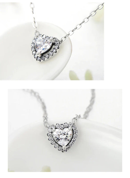 Real 925 Sterling Silver Clear CZ Heart Pendant Necklace for Women Chain Fashion Wedding Statement Jewelry Accessories