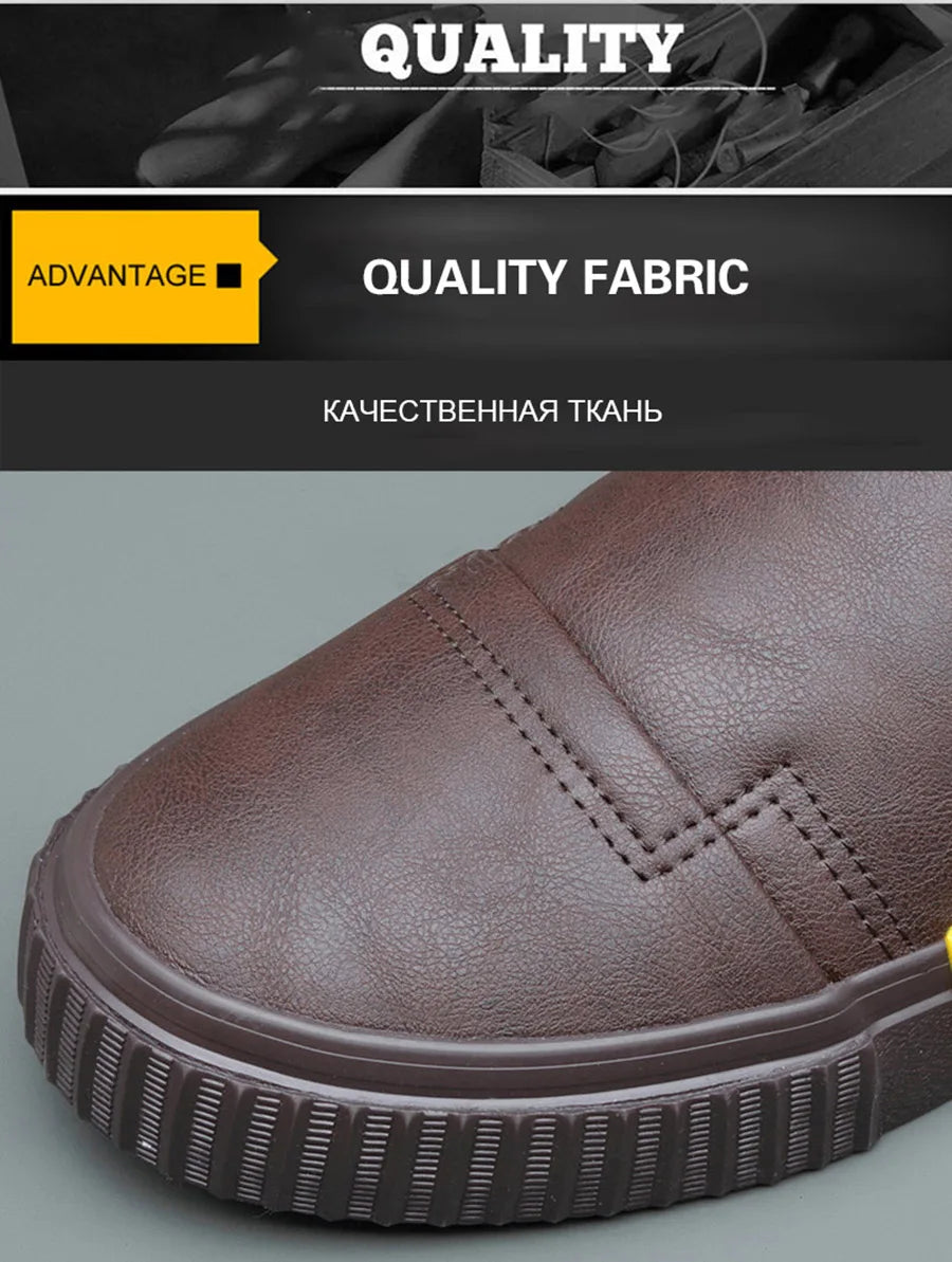New Winter Men's Boots Soft Leather Plush Warm Snow Boots Waterproof Outdoor Footwear Men Work Boots Men Motorcycle Boots
