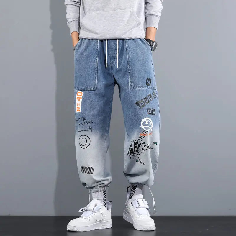 Printing Jeans Men's Gradient Hip Hop Trousers Harem Cartoon Loose Casual Ankle Banded Pants Cargo Denim Jeans Fashion