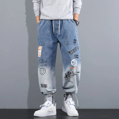 Printing Jeans Men's Gradient Hip Hop Trousers Harem Cartoon Loose Casual Ankle Banded Pants Cargo Denim Jeans Fashion
