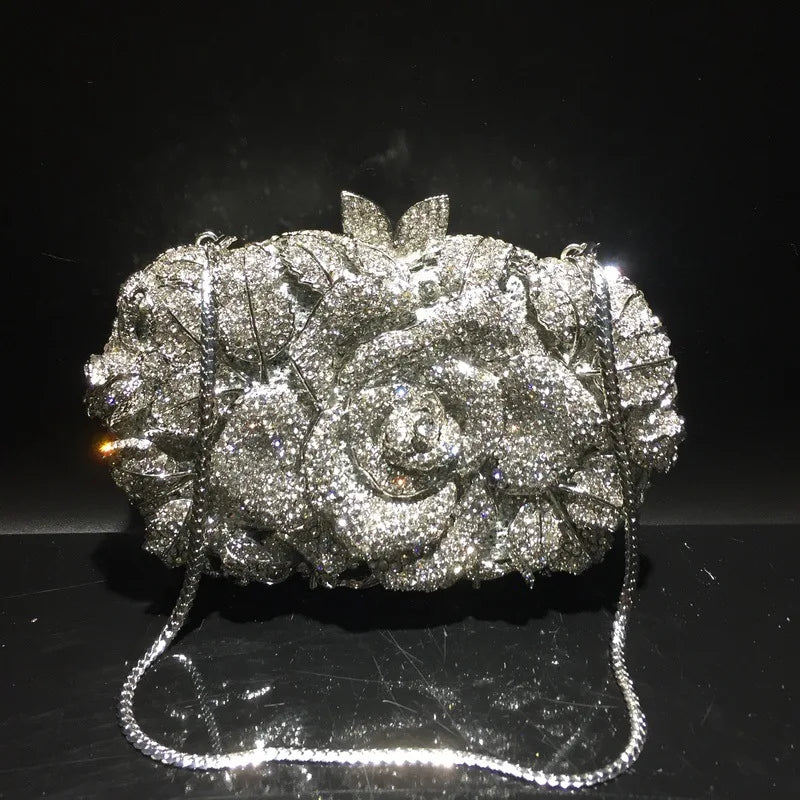 Green Pink Multicolored Rose Crystal Women Evening Clutches Bags Diamond Wedding Cocktail Party Purse And Stone Handbag