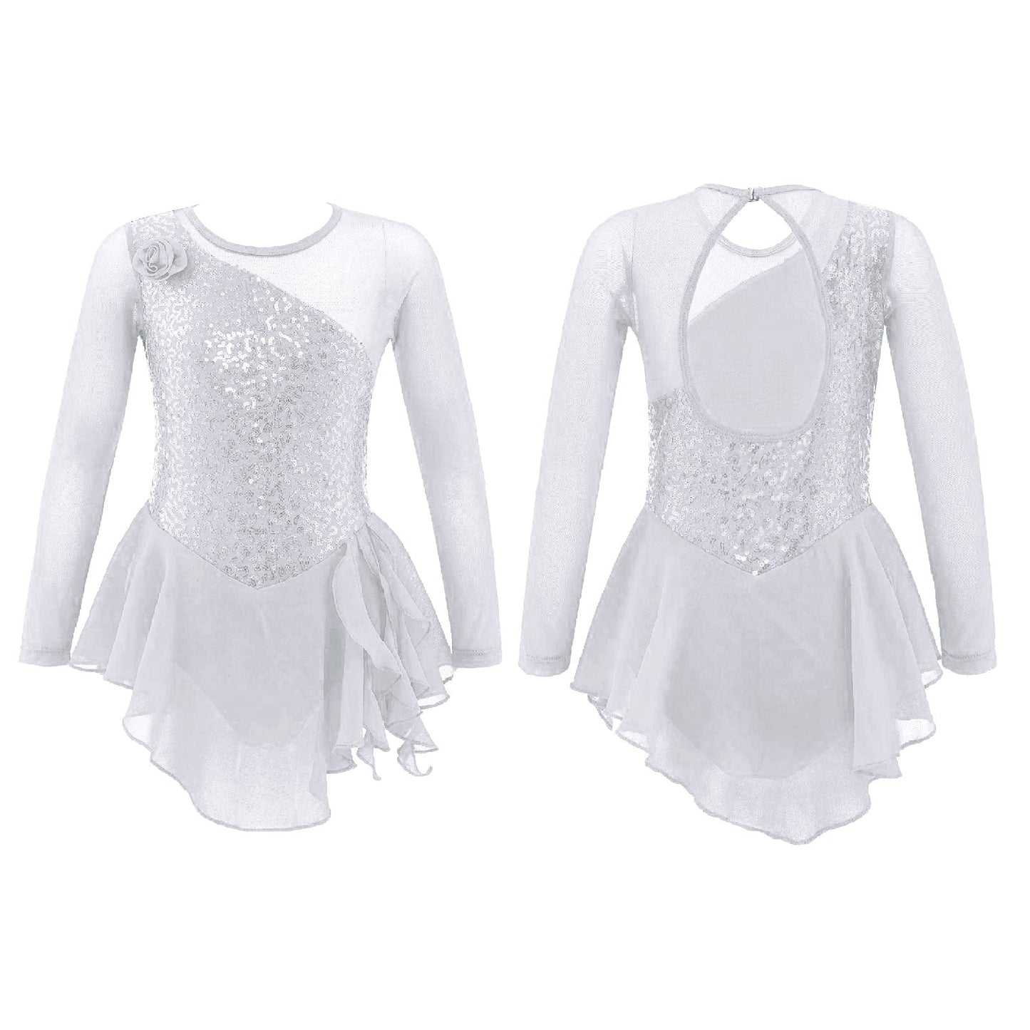 Girls Figure Ice Skating Dress Sparkly Sequin Gymnastics Dance Ballet Tutu Leotard Kids Long Sleeve Mesh Splice Dance Costume