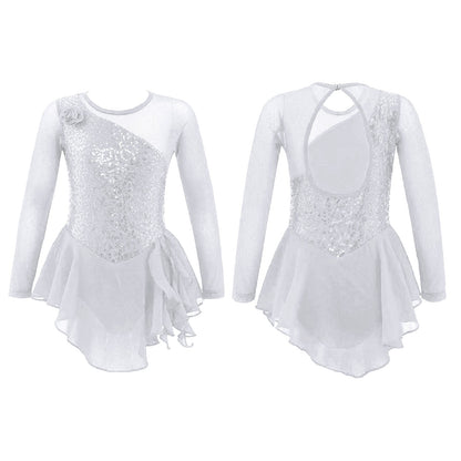 Girls Figure Ice Skating Dress Sparkly Sequin Gymnastics Dance Ballet Tutu Leotard Kids Long Sleeve Mesh Splice Dance Costume