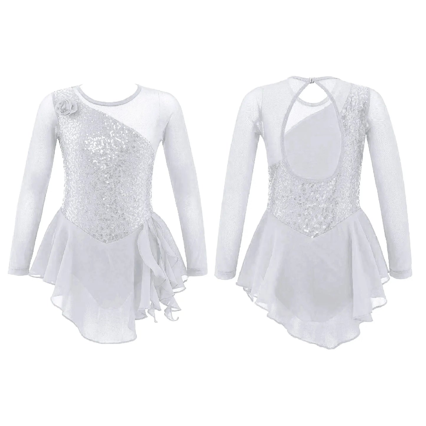 Girls Figure Ice Skating Dress Sparkly Sequin Gymnastics Dance Ballet Tutu Leotard Kids Long Sleeve Mesh Splice Dance Costume