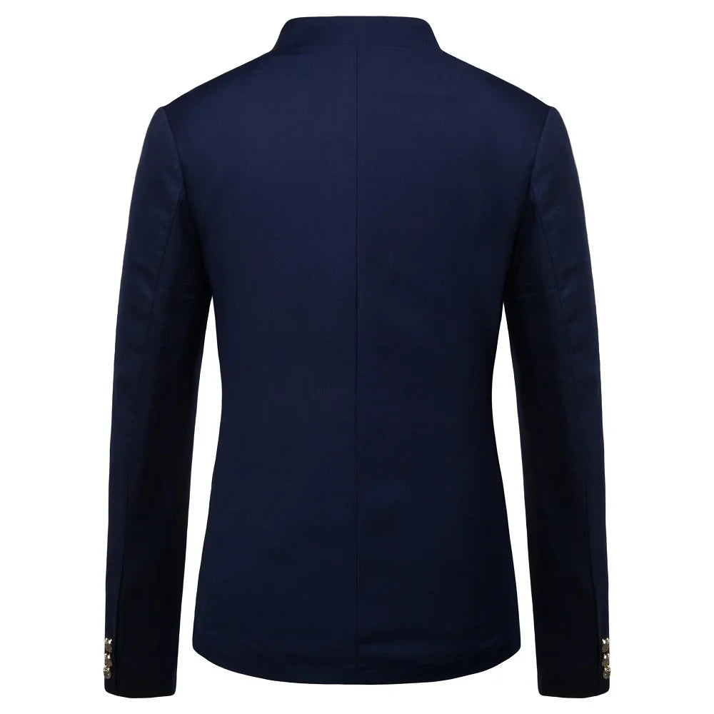 Men's Black Stand Up Collar Blazer Coat, Wedding Party Dress Jacket, Asia Sizes Slim-Fit Single Breasted Jaqueta, Blue Red Tops.