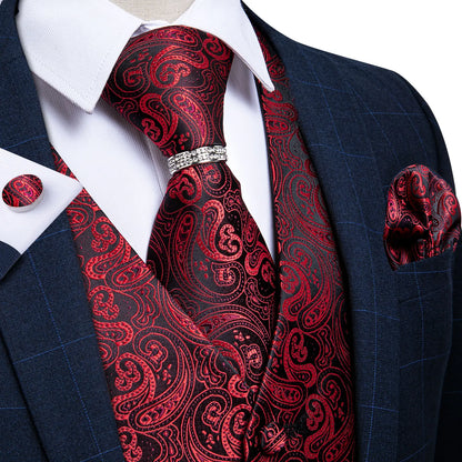 Classic Black Wedding Vest for Men Suit Vest Tie Ring Cufflinks Hanky Set for Party Formal Dress Business Casual Waistcoat