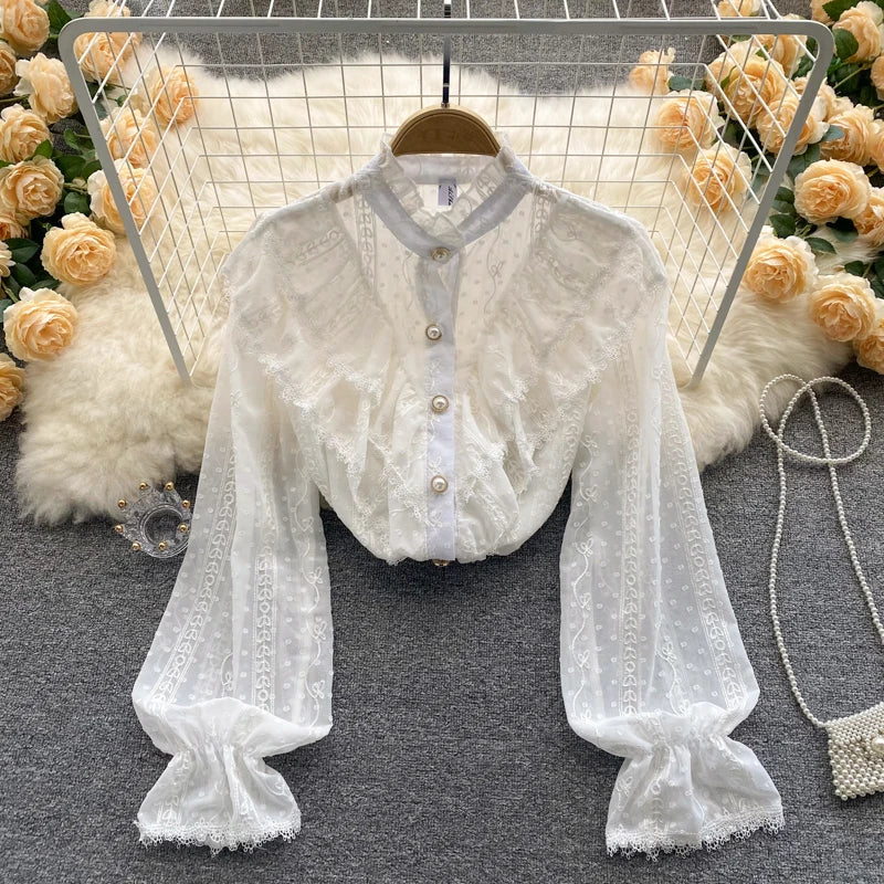 Elegant French Blouse Women Temperament Sweet Ruffles Loose Casual Tops Spring Long Sleeve Streetwear White Shirts