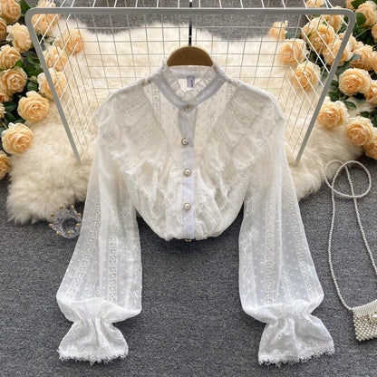 Elegant French Blouse Women Temperament Sweet Ruffles Loose Casual Tops Spring Long Sleeve Streetwear White Shirts