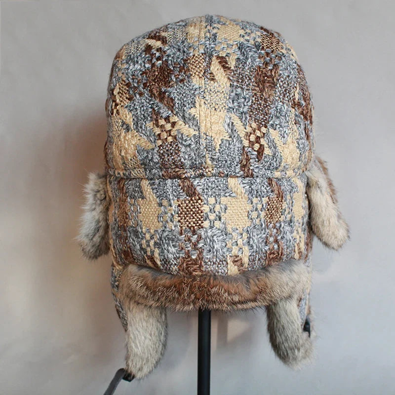 Rabbit Fur Russian Bomber Hat Women WinterTrapper Snow Cap  Earflap Ushanka
