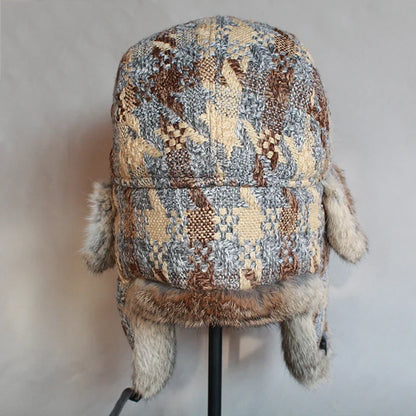 Rabbit Fur Russian Bomber Hat Women WinterTrapper Snow Cap  Earflap Ushanka