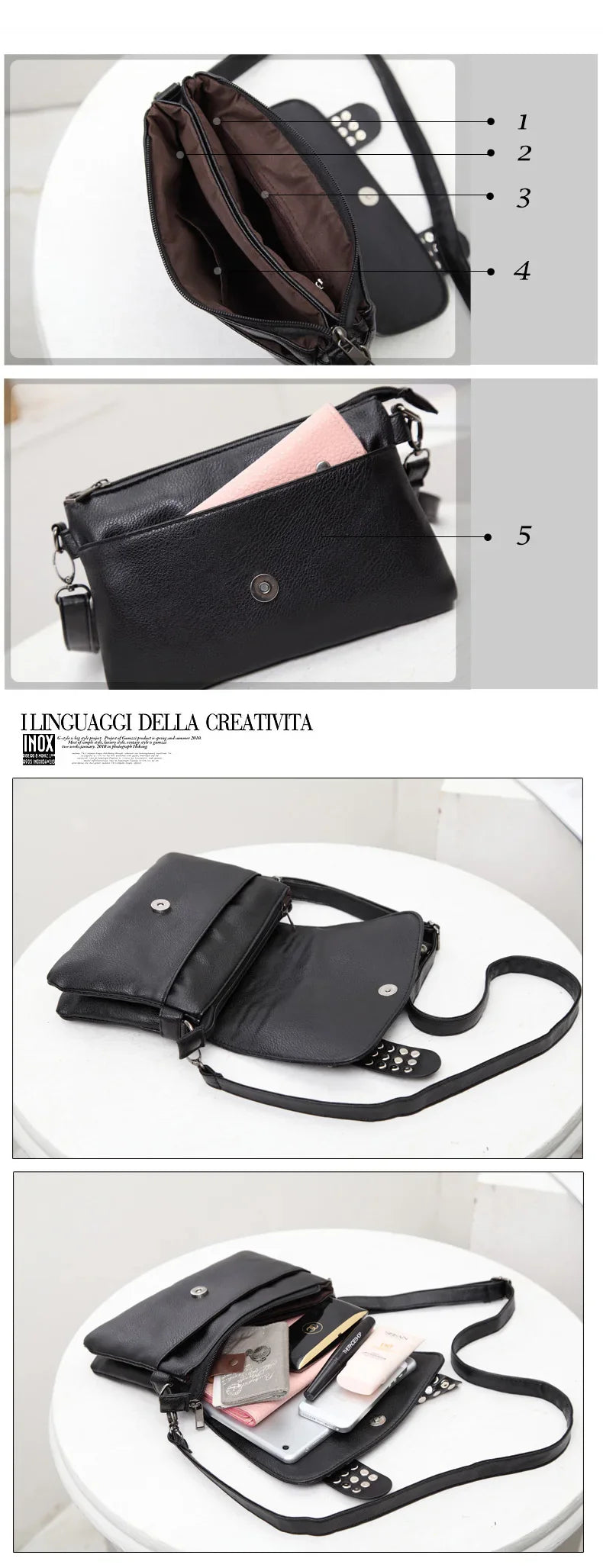 Women Black Leather Messenger Bags Single Skull Rivet Shoulder Bags Sac A Main Bolsa Black Vintage Sexy Bag Lady Drop