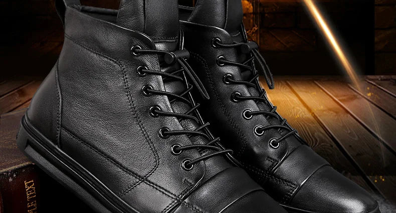 Winter Genuine Leather Boots Men Ankle Casual High Top Skateboarding Shoes Cow Leather Big Size 47 48