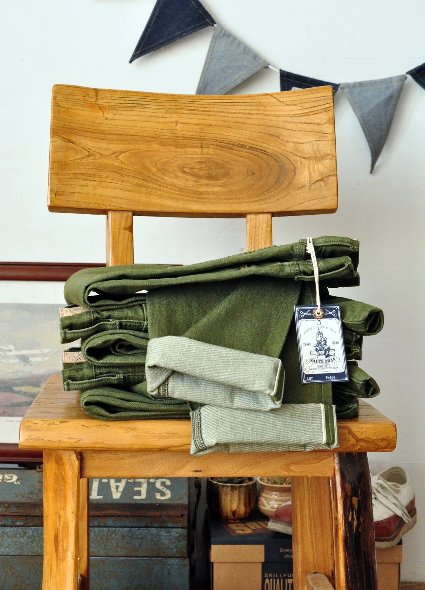 Men Jeans Vulcanization Olive Green 107 Selvedge Denim Jeans Men Washed Slim Fit 14 Oz Zipper Fly