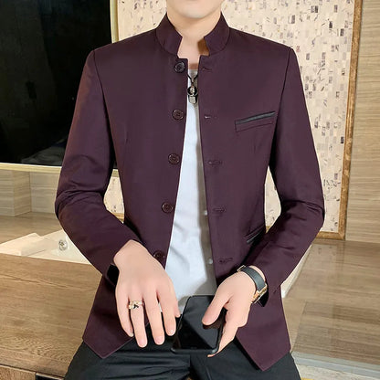 2026 New Men's Black Blazers Coat, Masculino Single Breasted Stand Up Collar Men Long-Sleeved Terno Jacket, Blue Red Overcoat