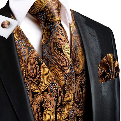 Silk Mens Vests Sleeveless Waist Jacket Jacquard Black Orange Floral Waistcoat Tie Hanky Cufflinks Set for Men Casual XXL