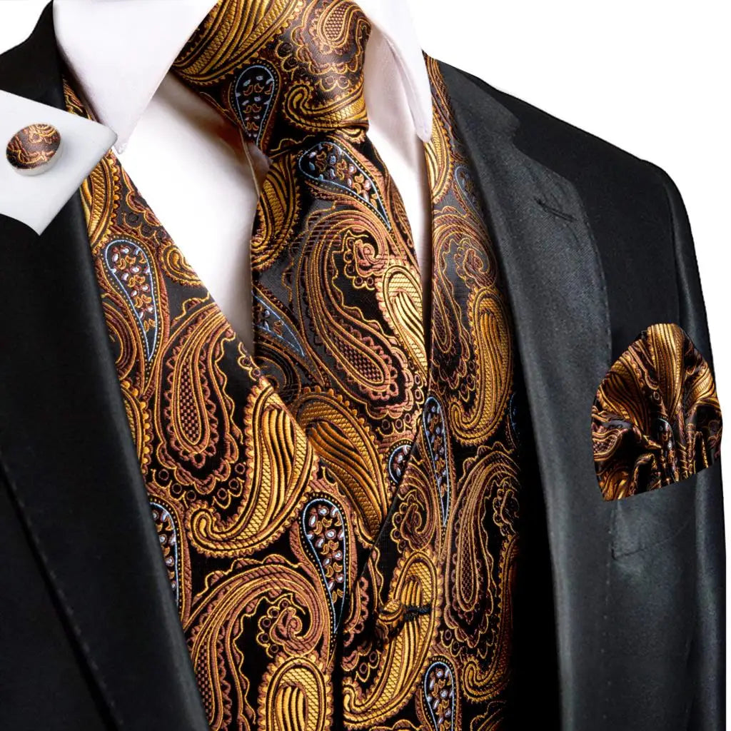 Navy Blue Mens Vest Formal Paisley Waistcoat Jacket Tie Handkerchief Cufflinks Set For Male Dress Suit Wedding Party