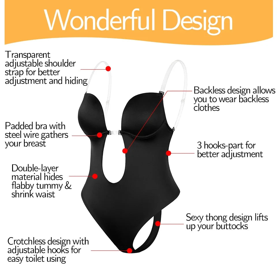 Backless Bodysuit Shapewear for Women Built-in Bra Multiple straps Thongs Body Shaper U Plunge Seam-free Faja with Open Crotch