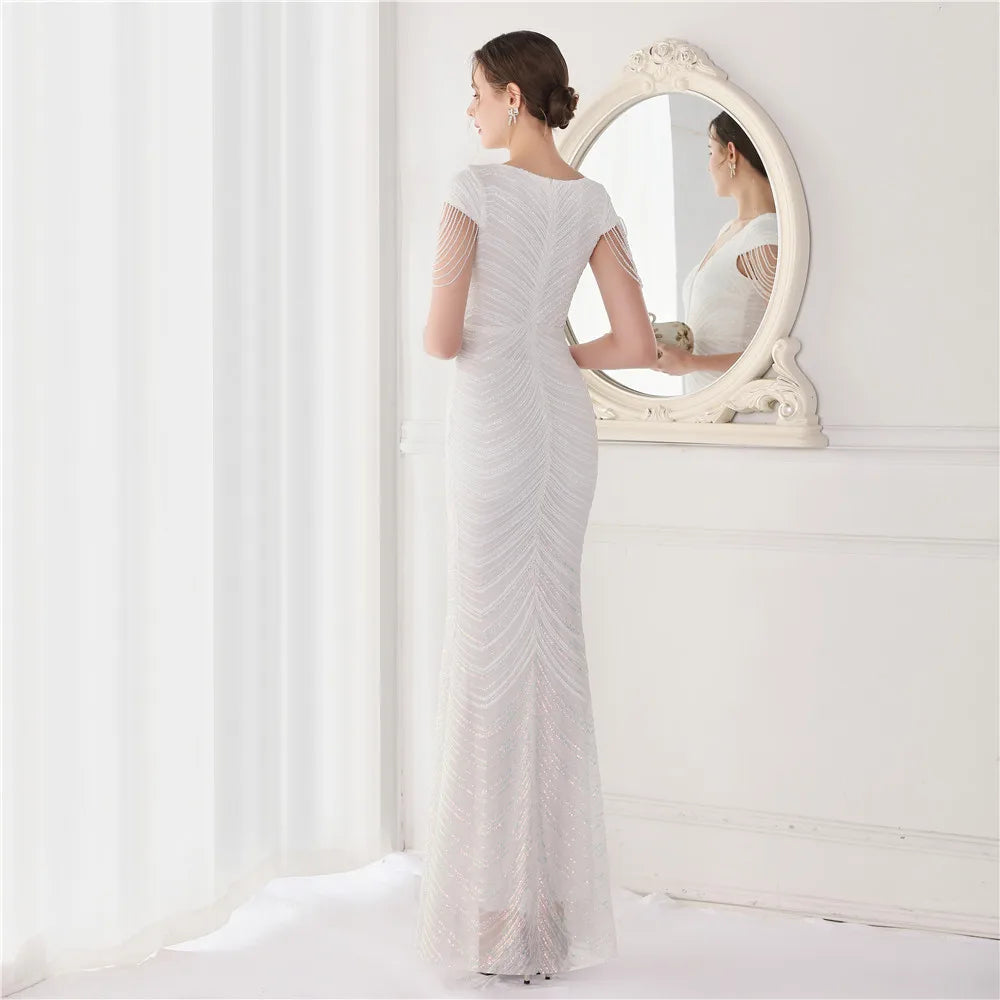 Elegant V Neck Mermaid Evening Dress Long Luxury Beads Women Evening Party Dresses 2025 New Formal Dress 19085