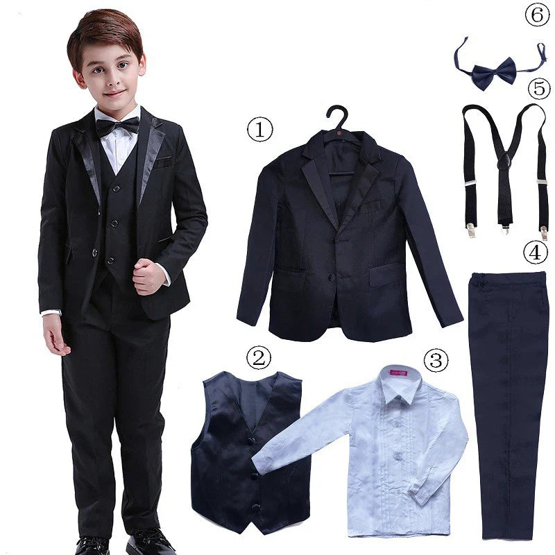 6Pcs Classic Boys Suits for Weddings Formal Blazer Kids Tuxedo Shirt Vest Party Ring bearer Suits Black