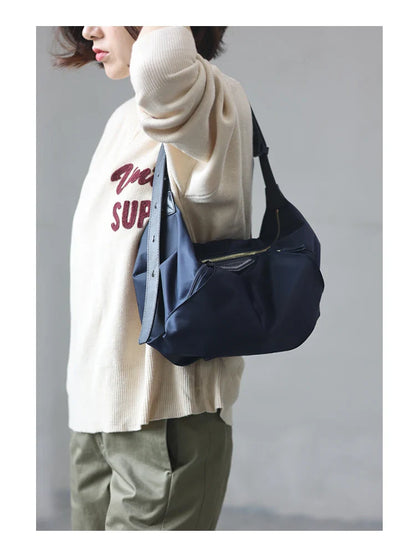 Lightweight Nylon Matching Genuine Leather Crossbody Bag High Quality Single Shoulder Bags Fashion Pleated Messenger Purses