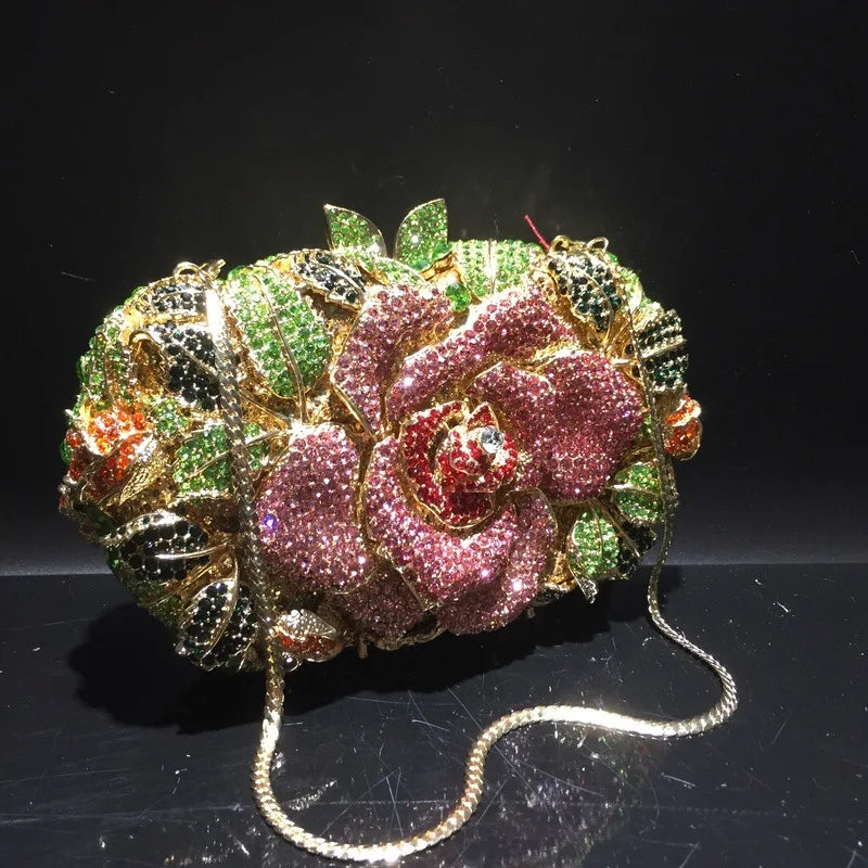 Green Pink Multicolored Rose Crystal Women Evening Clutches Bags Diamond Wedding Cocktail Party Purse And Stone Handbag