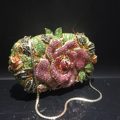 Green Pink Multicolored Rose Crystal Women Evening Clutches Bags Diamond Wedding Cocktail Party Purse And Stone Handbag