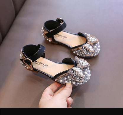 Girls Party Shoes Elegant Rhinestone Fashion Children's Leather Shoes Versatile Sweet Kids Princess Wedding Dress Flats Sandals