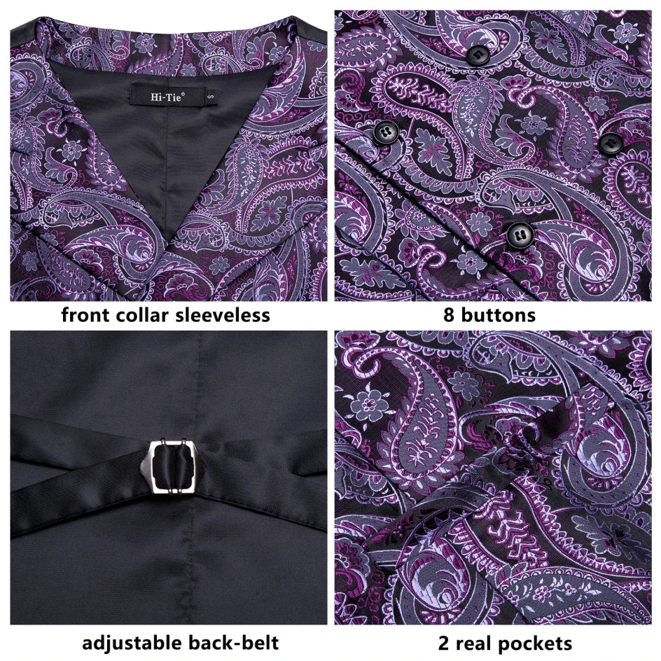 Silk Men's Vests and Tie Business Formal Dresses Slim Vest 4PC Necktie Hanky cufflinks for Suit Blue Paisley Floral Waistcoat