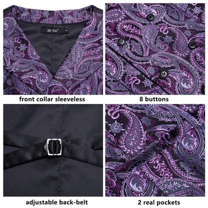 Silk Men's Vests and Tie Business Formal Dresses Slim Vest 4PC Necktie Hanky cufflinks for Suit Blue Paisley Floral Waistcoat