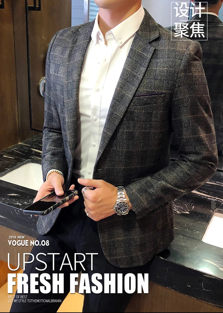 British's Style Vintage Plaid Blazer Men Casual Slim Fit Suit Jacket Single Button Business Social Blazer Plus Size M-5XL Hombre