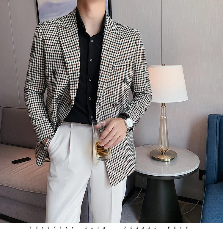 British Style Slim Fit Houndstooth Blazer For Men 2023 Fashion Double Breasted Business Office Wedding Dress Suit Jacket