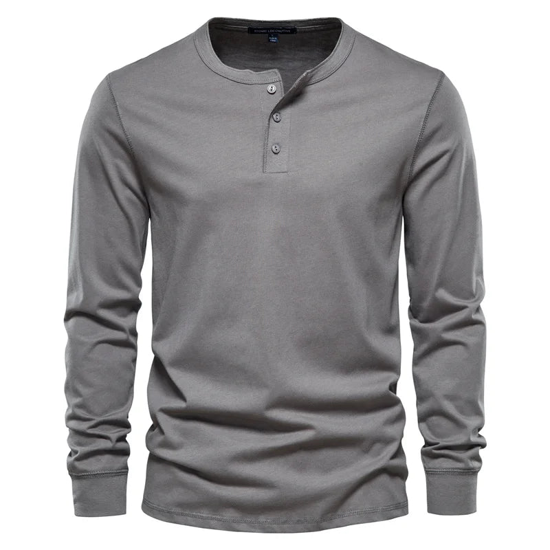 Men's Long Sleeve Button Down T-Shirts Autumn Henley Collar Casual High Quality 100% Cotton Crew Neck Mens T Shirts