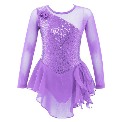 Girls Figure Ice Skating Dress Sparkly Sequin Gymnastics Dance Ballet Tutu Leotard Kids Long Sleeve Mesh Splice Dance Costume