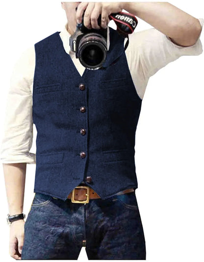 Men's Casual Classic Suit Vest V Neck Herringbone Tweed Slim Fit Business Waistcoat For Wedding